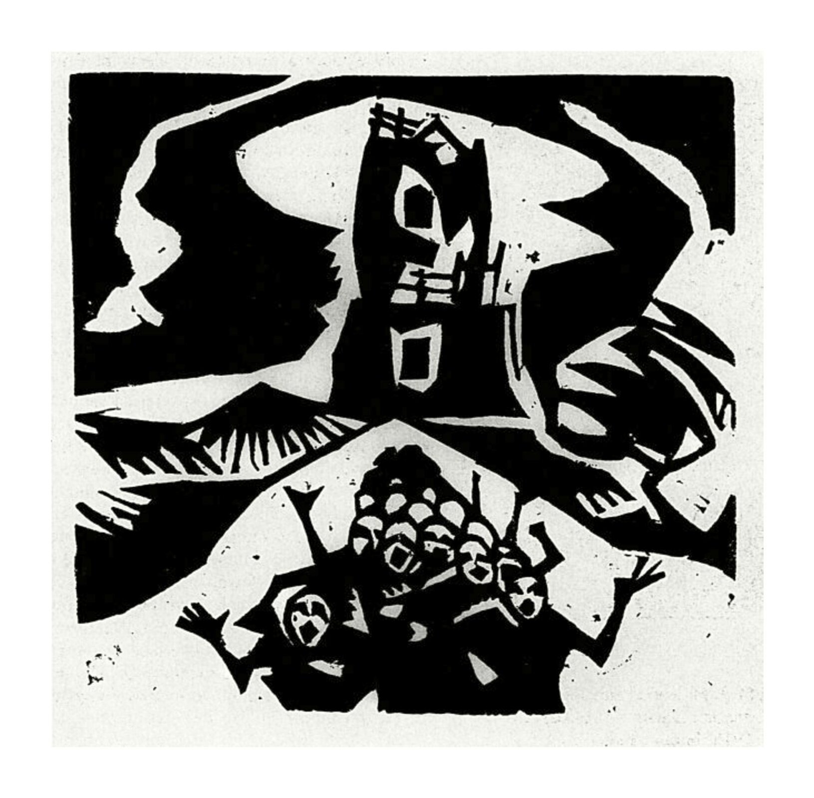 W zadaniu został wykorzystany linoryt Stanisława Kubickiego pt. Wieża Babel. W oddali widzimy wieżę Babel, a pod nim na drodze postaci o białych twarzach i czarnym ubiorze. Ręce mają uniesione ku górze w celu wystraszenia. Czerń i biel podkreślają dramaturgię dzieła.