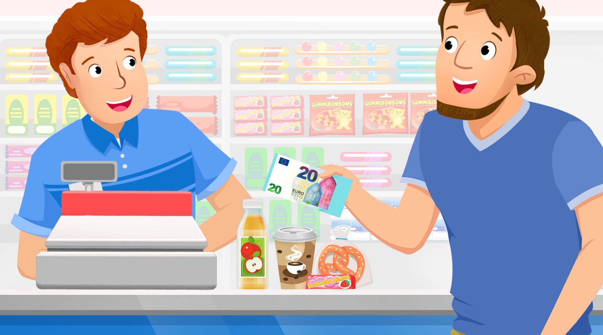 Na ilustracji znajduje się mężczyzna, który płaci sprzedawcy za zakupione produkty.