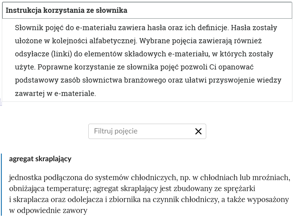 Grafika przedstawia widok na górną część słownika. Na górze znajduje się rozwinięty panel z instrukcją. Poniżej widoczne jest pole do filtrowania haseł. Na dole znajduje się hasło oraz definicja.