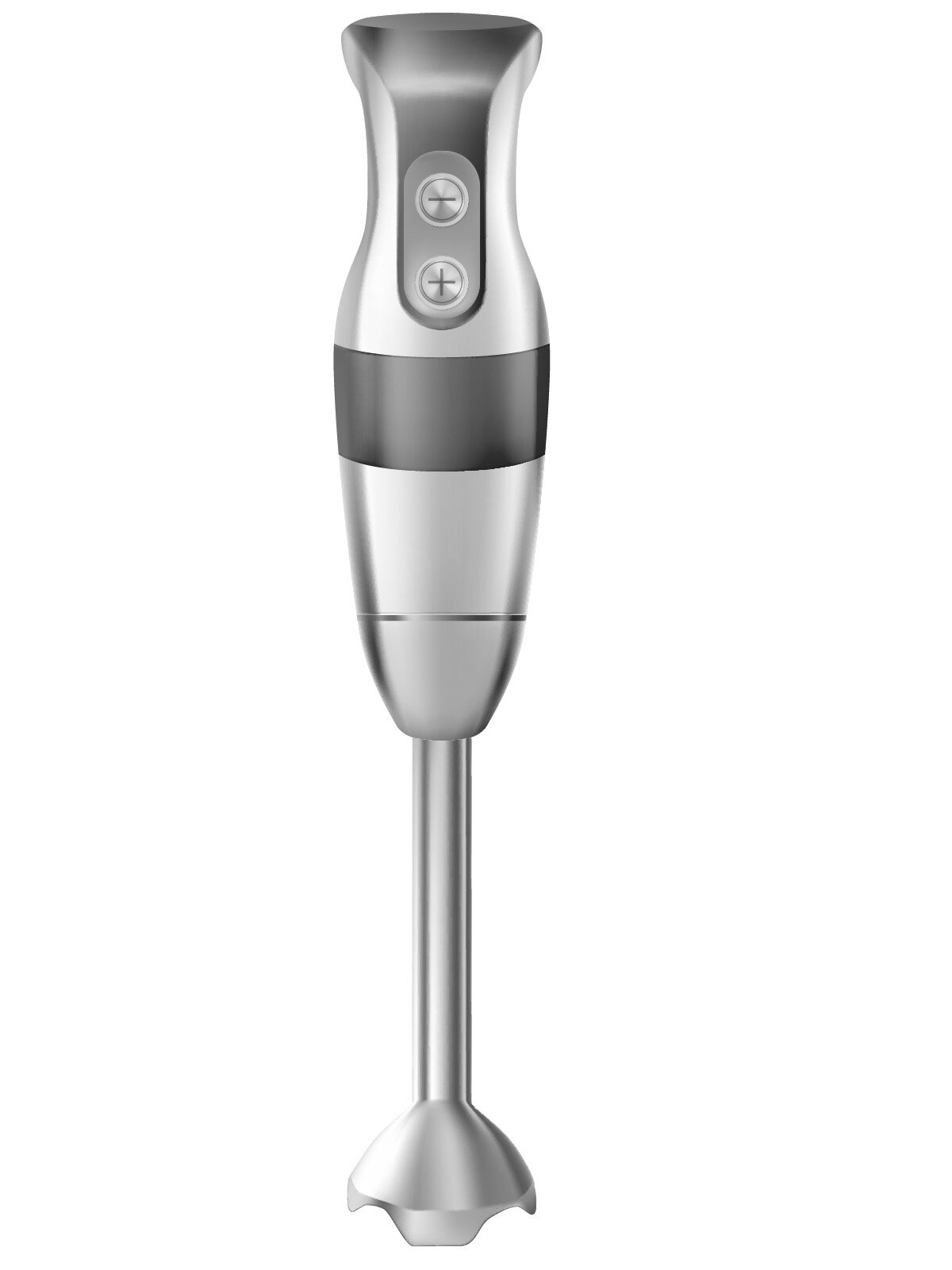 Ilustracja przedstawiająca blender ręczny w srebrnym kolorze. 