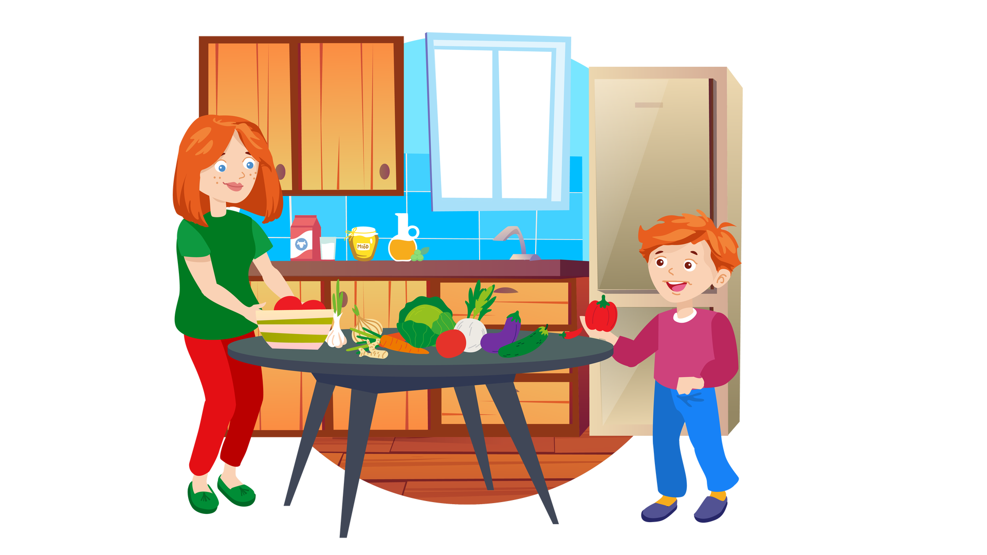 Ilustracja przedstawia kuchnię. W tle widać niebieską ścianę z oknem i rząd brązowych szafek kuchennych. Dwie szafki wiszą na lewo od okna. Na ciemnobrązowym blacie stoją biało‑czerwony karton mleka, szklanka mleka, słoik miodu i dzbanek soku pomarańczowego. Obok dzbanka leżą trzy zielone winogrona. Dalej na prawo znajduje się zlew. Całkiem po prawej stronie stoi wysoka szara lodówkozamrażarka. Na środku drewnianej podłogi stoi okrągły ciemnoszary stół. Są na nim ułożone owoce i warzywa: czosnek, cebula, imbir, marchewki, sałata, pomidor, seler, bakłażan, ogórek i czerwona papryczka chili. Po lewej stronie jest beżowo‑zielona miska z pomidorami. Po lewej stronie stołu stoi rudowłosa kobieta ubrana w ciemnozieloną bluzkę z krótkimi rękawami, długie czerwone spodnie i ciemnozielone buty. Wyciąga ręce w stronę miski. Po prawej stronie stołu stoi rudowłosy chłopiec ubrany w ciemnoróżową bluzę z długimi rękawami, długie niebieskie spodnie, pomarańczowe skarpety i granatowe buty. Szeroko się uśmiecha i patrzy na owoce i warzywa leżące na stole. W prawej dłoni trzyma czerwoną paprykę.