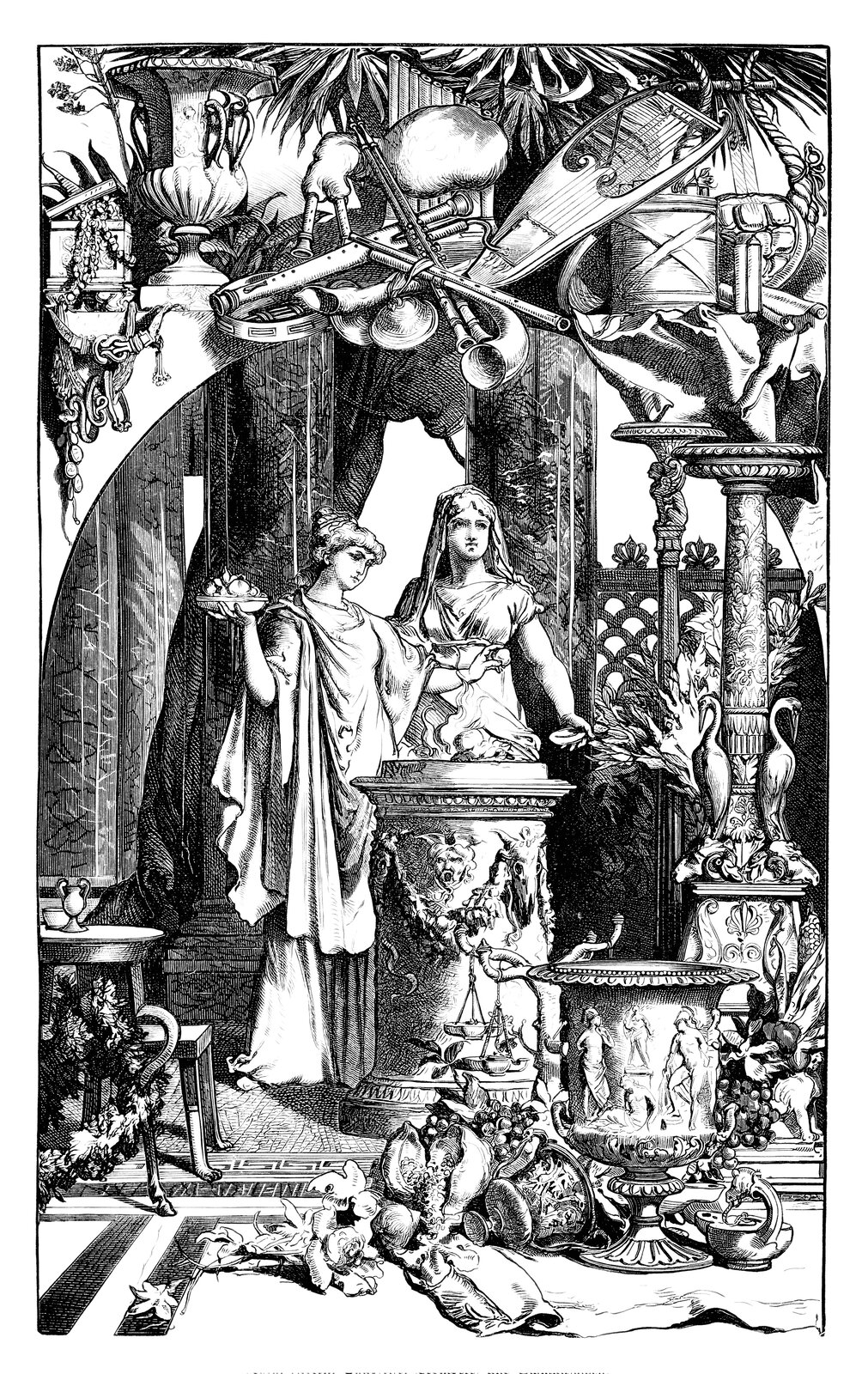 Czarno-biała ilustracja przedstawia dwie Westalki stojące obok paleniska. Obie kobiety są ubrane w długie suknie i mają zakryte włosy. Kobiety obserwują palenisko i pilnują, żeby cały czas się paliło. 