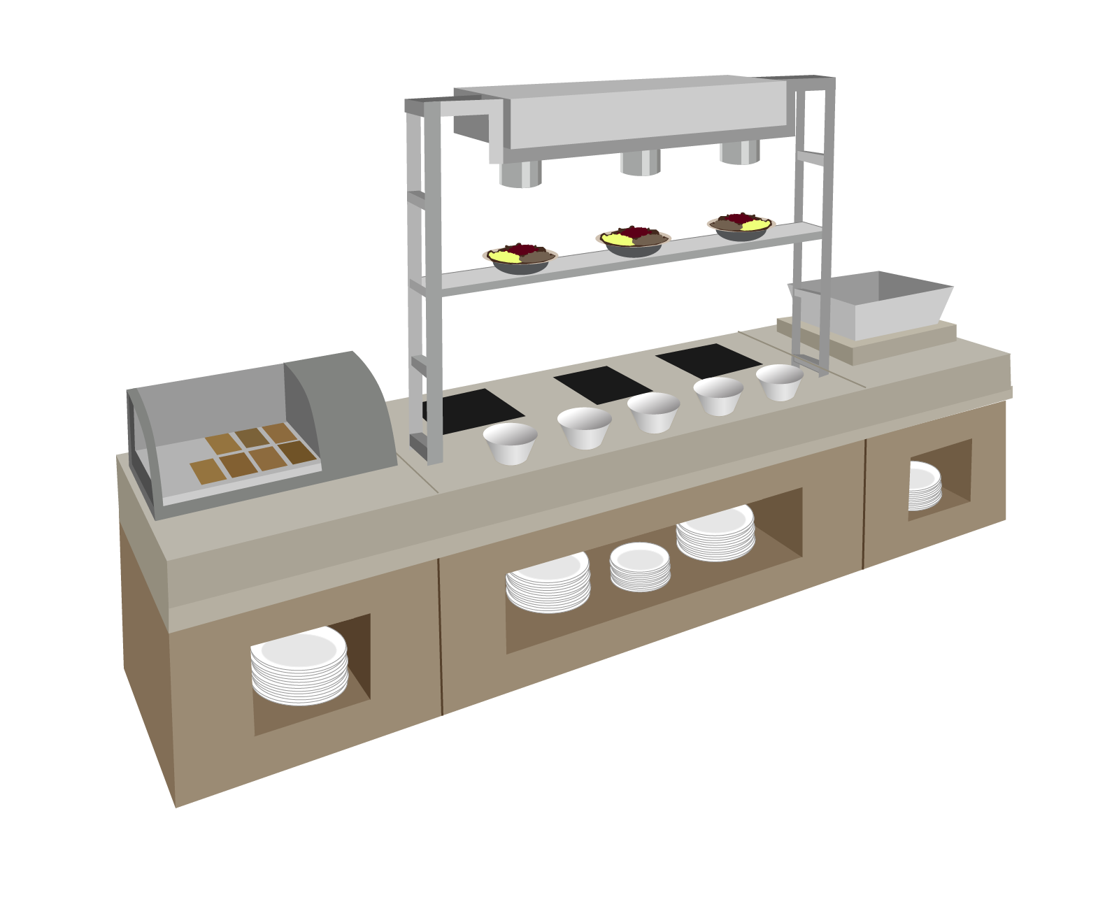Grafika obrazuje stanowisko do przyrządzania dań. Składa się z długiego blatu, pod którym znajdują się komory na różne talerze. Na blacie rozmieszczone są trzy płyty grzewcze, a po bokach pojemniki gastronomiczne. Nad blatem znajduje się półka, na której stoją zestawy surówek.