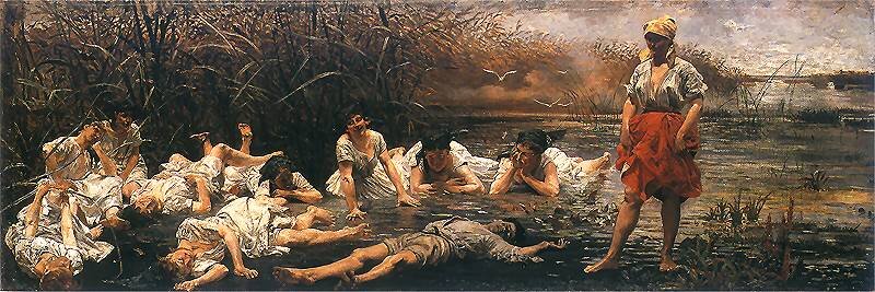 Obraz przedstawia grupę młodych kobiet kąpiących się i odpoczywających w płytkiej wodzie wśród wysokich trzcin. Kobiety ubrane są w białe, lekkie szaty, a niektóre z nich są częściowo zanurzone w wodzie, inne leżą na brzegu lub siedzą w wodzie. Postacie ukazane są w różnych pozach – leżących, siedzących, klęczących czy wspartych na łokciach – co nadaje scenie dynamiczny, choć spokojny charakter.

Na pierwszym planie po prawej stronie stoi kobieta w czerwonej spódnicy i białej bluzce, z rękami opartymi na biodrach. Ma na głowie chustkę. Tło wypełniają gęste trzciny, a nad nimi widać kilka lecących ptaków i jasne niebo z chmurami. 