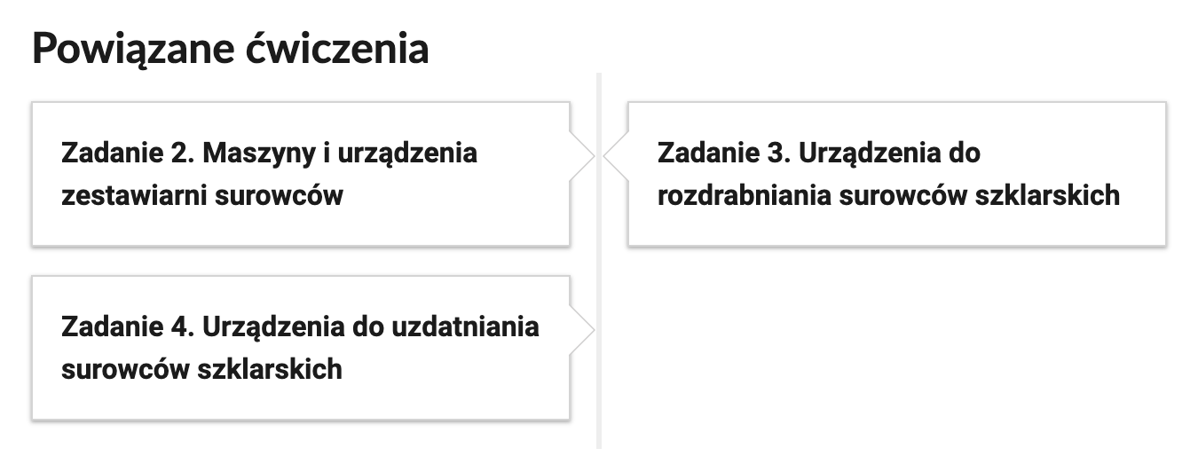 Widok przykładowych przycisków powiązanych ćwiczeń. Na zakładkach zamieszczono tytuły i treści poleceń ćwiczeń. Zadanie 2. Maszyny i urządzenia zestawiarni surowców. Zadanie 3. Urządzenia do rozdrabniania surowców szklarskich. Zadanie 4. Urządzenia do uzdatniania surowców szklarskich.