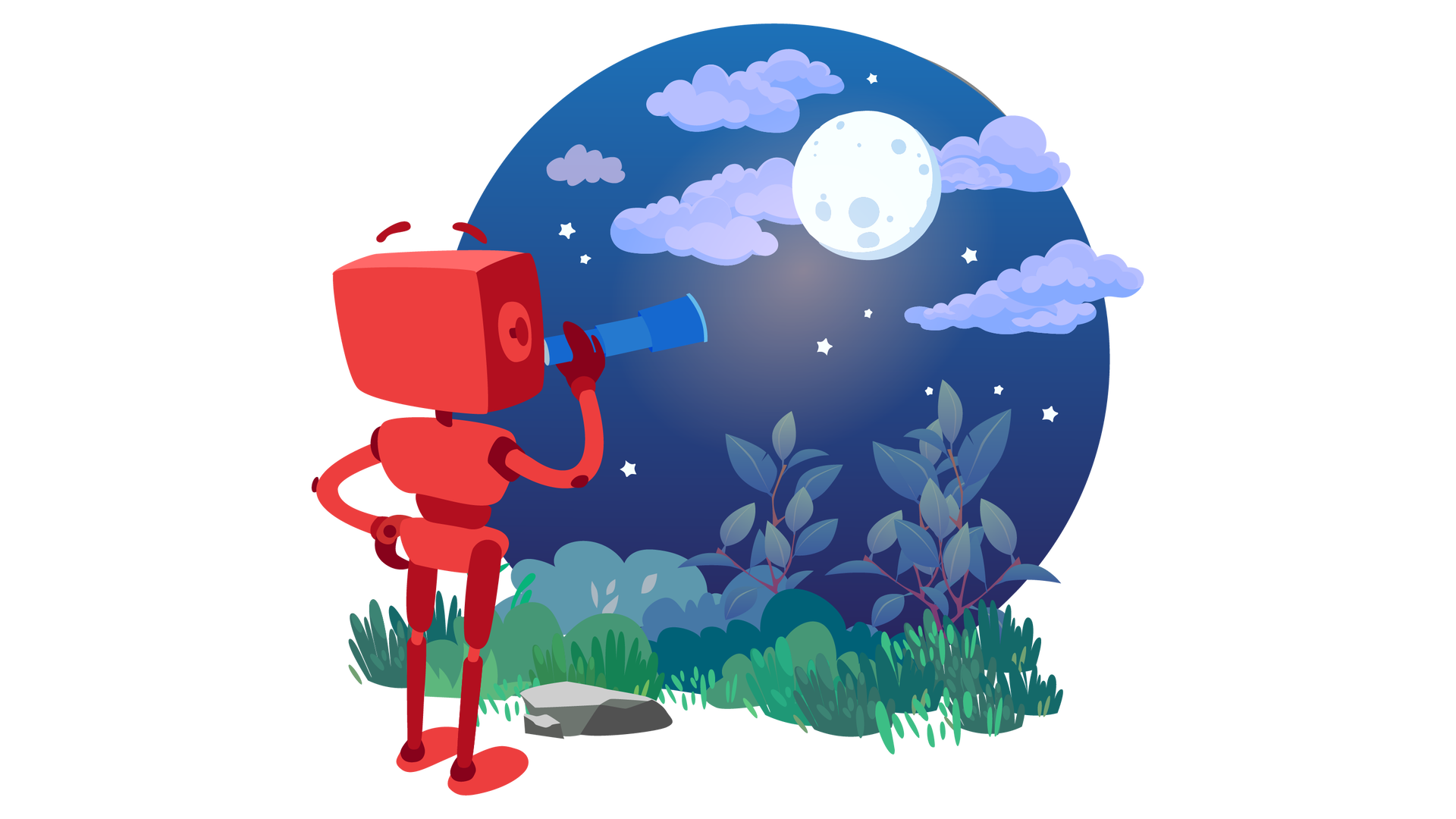 Ilustracja przedstawia nocne niebo z ciemnymi chmurami, białymi gwiazdami i dużym białym Księżycem. Poniżej nieba widać fragment terenu porośniętego zielenią. Po lewej stronie leży pojedynczy szary kamień. Obok niego stoi tyłem Zgrzytek. Jest to czerwony robot o prostokątnej głowie z krótkimi antenkami zamiast uszu, dwiema rękami i dwiema nogami. Lewą rękę opiera na biodrze, a w prawej trzyma granatową lunetę, przez którą obserwuje Księżyc.