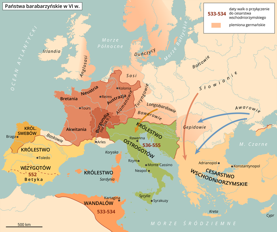 Ilustracja przedstawia mapę Europę oraz fragment Bliskiego Wschodu i północnej Afryki. Oznaczono na niej kraje: w północno‑wschodniej Europie Państwo Słowian, w basenie morza Cesarstwo Wschodniorzymskie, które obejmowało Bliski Wschód i część północnej Afryki, Królestwo Wandalów w dalszej części północnej Afryki, w Europie południowej i zachodniej, Królestwo Swebów i Wizygotów, Burgundowie, Ostrogoci i Państwo Franków. Na mapie podano daty walk o przyłączenie do Cesarstwa Wschodniorzymskiego: Betyka 552 rok, Królestwo Ostrogotów 536‑555, Królestwo Wandalów 533‑534, Betyka 552 rok, Burgundia od 534 roku francuska. 