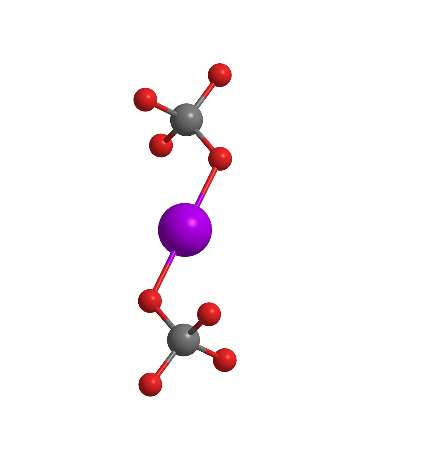 Ilustracja przedstawia model kulkowo‑pręcikowy. Duża fioletowa kulka łączy się u góry in a dole z identycznym układem kulek: z szarą kulką z czterema czerwonymi małymi kulkami. Fioletowa kulka łączy się za pośrednictwem jednej z czerwonych kulek. 