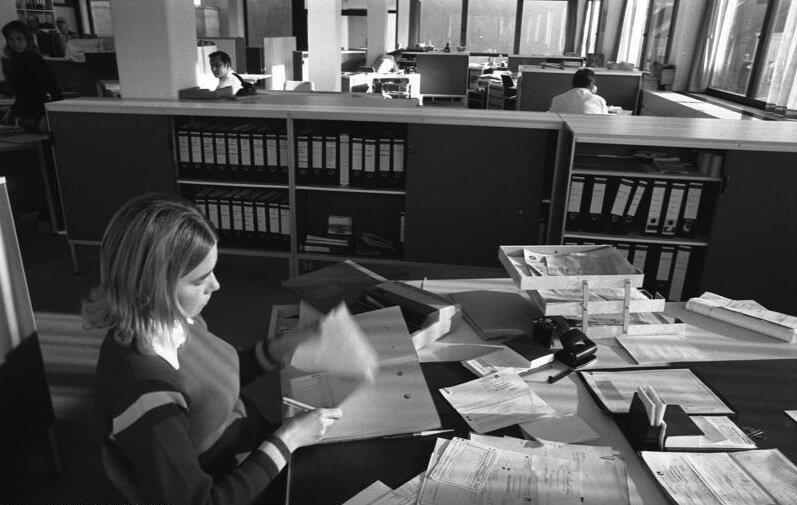 Zdjęcie przedstawia współczesne wnętrze biurowe. Urzędnicy siedzą przy biurkach oddzieleni niewysokimi regałami.