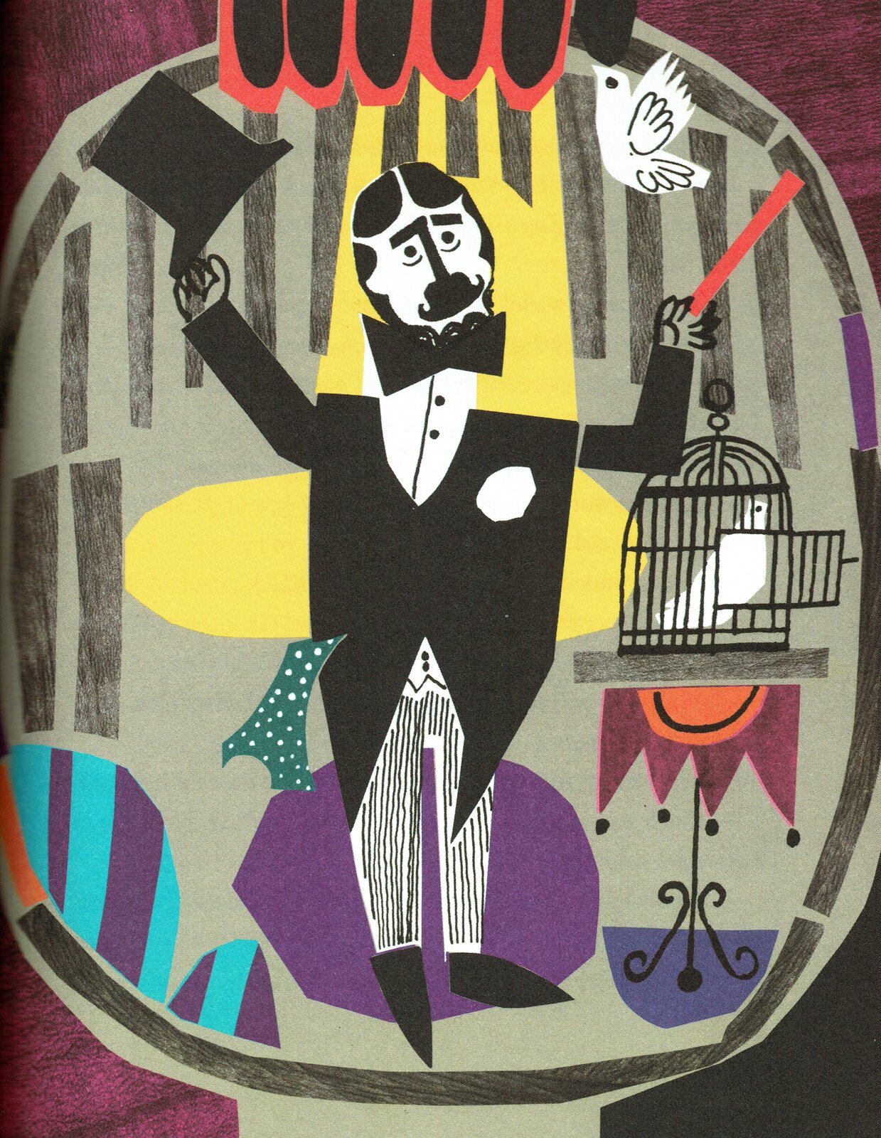 Ilustracja przedstawia pracę Zbigniewa Rychlickiego z książki Ericha Kästnera "Michałek z pudełka do zapałek". Ukazuje magika z cylindrem w ręku i czerwoną pałeczką, ubranego w czarny smoking i muchę. Oświetlony jest reflektorem. Po prawej stronie stoi otwarta klatka na ptaki, z której wyfruną biały gołąbek. Tło jest szare i fioletowe.