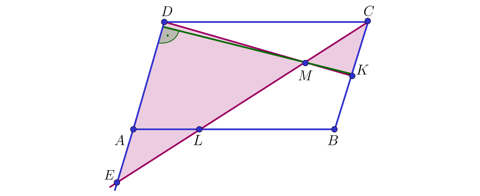 Na ilustracji przedstawiono równoległobok ABCD, o podstawie dolnej AB i górnej CD. Na boku BC zaznaczono punkt K, stanowiący jego środek. Na boku AB zaznaczono punkt L, taki że, odległość punktu L od wierzchołka B jest dwukrotnie większa od jego odległości od wierzchołka A. Połączono wierzchołek D z punktem K. Z punktu C poprowadzono półprostą przecinającą odcinek DK w punkcie M, bok AB w punkcie L, oraz przedłużenie bok DA w punkcie E. Czerwonym kolorem zacieniowano trójkąt DME, oraz CMK. Z punktu K, poprowadzono prostą prostopadłą do boku AD, przechodzącą przez punkt M.