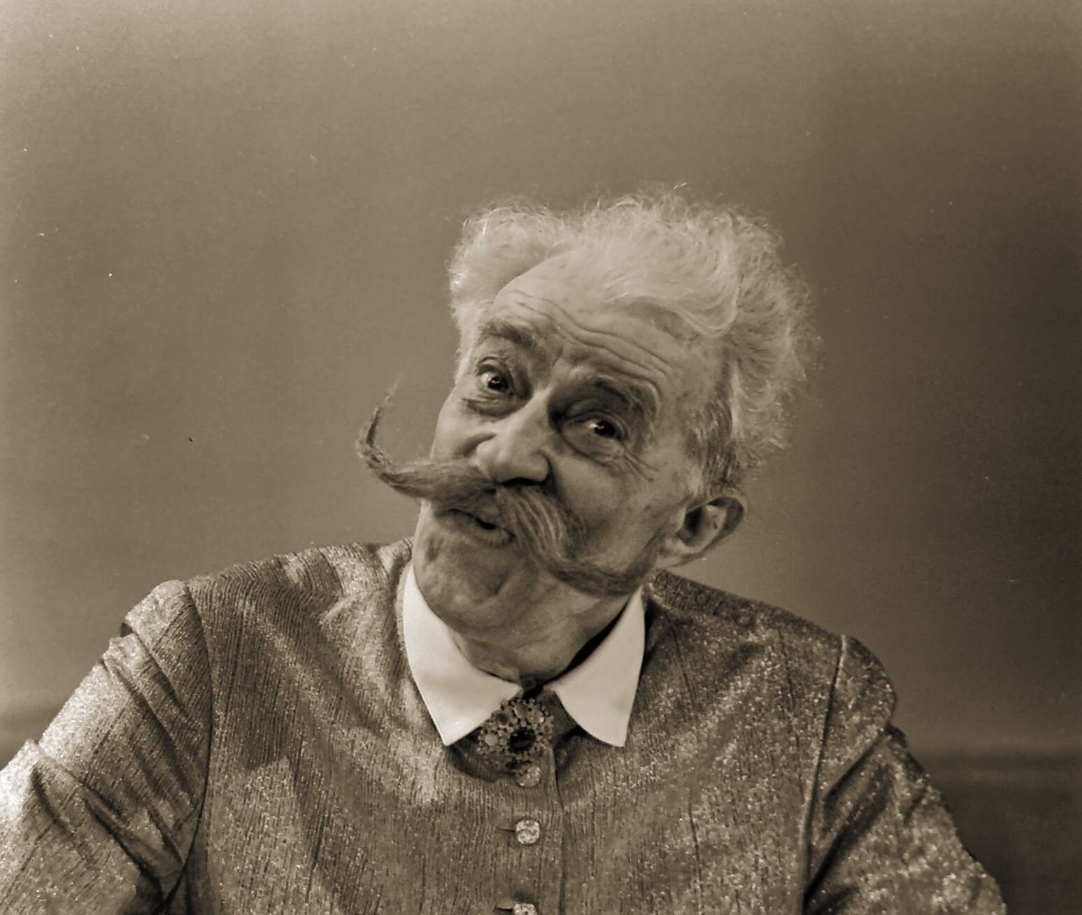 Zdjęcie przedstawia popiersie starszego mężczyzny w szlacheckim żupanie. Pochyla głowę w prawą stronę. Mężczyzna ma przerzedzone, sterczące, siwe włosy., obcięte w czub szlachecki. Jego twarz jest pomarszczona. Uniósł wysoko brwi i wytrzeszczył oczy, jakby się czemuś dziwił. Na twarzy wyróżnia się duży nos i okazałe wąsy z podwiniętymi końcami. Usta składa tak, jakby za chwilę miał zagwizdać z podziwu. Żupan uszyty jest z błyszczącego materiału, pod szyją ma biały kołnierzyk i okrągłą broszę. Tło jest jednolite.