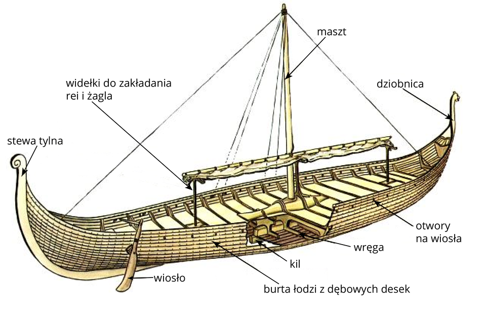 Ilustracja przedstawia łódź. Ma ona podłużny kształt. Po środku łodzi znajduje się wysoki maszt, do którego przymocowane są liny. Liny te utrzymują maszt w pionie. Do masztu przymocowano szeroki żagiel, który jest zwinięty. Żagiel położony jest na widełkach do zakładania relu i żagla. Pod pokładem znajduje się mechanizm umożliiwiwajcy sterowanie łodzią, to kill i wręga. Przednia część kadłuba unosi się lekko do góry, a jego zakończenie jest ozdobie wywinięte. To dziobnica. W tylnej części łodzi jest to stewa tylna. Wzdłuż krawędzi łodzi rozmieszczone są otwory na wiosła. Z prawej strony, w tylnej części łodzi znajduje się duże wiosło. Boki łodzi to burty. Burta łodzi zbudowana jest z dębowych desek. 