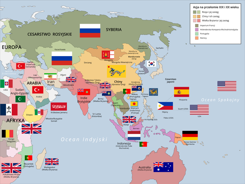 Mapa przedstawia Azję na przełomie dziewiętnastego i dwudziestego wieku. Rosja obejmowała swoim zasięgiem wschodnią Europę, Syberię i Kazachów. Chiny obejmowały Mongolię. Wielka Brytania obejmowała Australię, Malezję, Birmę, Indie Brytyjskie, Pakistan, Południową Afrykę, Madagaskar. Imperium Francji obejmowało Kambodże, Wietnam. Holenderska Kompania Wschodnioindyjska obejmowała Indonezję. Portugalia obejmowała Makau, Mozambik. Niemcy obejmowały Papuę Nową Gwineę.