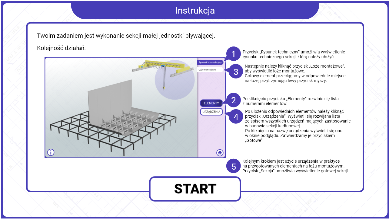Grafika przedstawia ekran z instrukcją do symulatora. Przedstawiony jest ekran z opisanymi przyciskami. Kolejność działań: Punkt pierwszy: Przycisk „Rysunek” umożliwia wyświetlenie rysunku technicznego sekcji, którą należy ułożyć. Punkt drugi: Po kliknięciu przycisku „Elementy” rozwinie się lista z numerami elementów.Punkt trzeci: Następnie należy kliknąć przycisk „łoże montażowe”. Gotowy element przeciągamy w odpowiednie miejsce na łoże, przytrzymując lewy przycisk myszy.Punkt czwarty: Po ułożeniu odpowiednich elementów należy kliknąć przycisk „Urządzenia”. Wyświetli się rozwijana lista ze spisem wszystkich urządzeń mających zastosowanie w budowie sekcji kadłubowej. Po kliknięciu na nazwę urządzenia wyświetli się ono w oknie podglądu. Zatwierdzamy je przyciskiem „Gotowe”. Kolejnym krokiem jest użycie urządzenia w praktyce na przygotowanych elementach na łożu montażowym. Przycisk „Sekcja” umożliwia wyświetlenie gotowej sekcji.