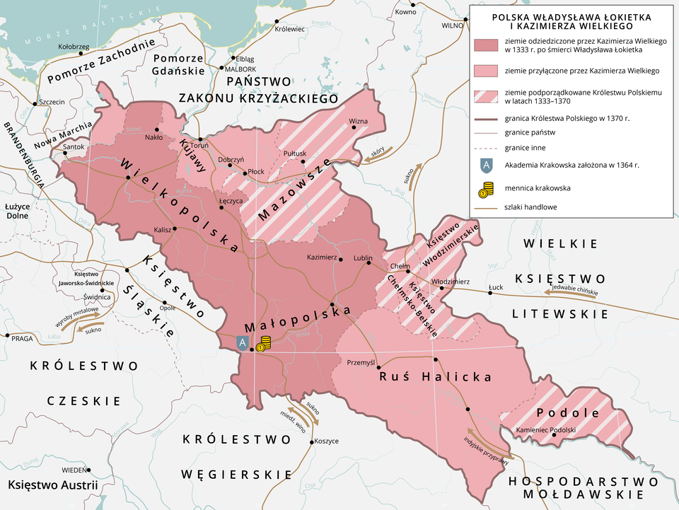 Mapa przedstawia Polskę za panowania Kazimierza Wielkiego. Ziemie odziedziczone przez Kazimierza Wielkiego po Władysławie Łokietku to ziemia kaliska, południowa część ziemi poznańskiej, ziemia krakowska i ziemia sandomierska. Nabytki terytorialne w latach od 1333 do 1370 to północna ziemia poznańska w 1364 roku, Kujawy w 1343 roku, ziemia dobrzyńska w 1352 roku, ziemia płocka w 1351 roku, północny kraniec Mazowsza w 1351 roku, ziemia przemyska w 1344 roku, Ruś Halicka w 1349 i 1366 roku. Lenna polskie w 1370 roku to Mazowsze, ziemia sieradzka, ziemia łęczycka, Księstwo Włodzimierskie, Księstwo Chełmsko Bełskie, Podole.  Ziemie przejściowo przyłączone do Polski to teren Namysłowa w latach 1343 do 1356. Granica Królestwa Polskiego w 1370 roku obejmuje wszystkie wymienione ziemie oprócz Namysłowa. Granice terenu Państwa Zakonu Krzyżackiego obejmowało Gdańska, ziemię chełmińską, Królewiec. Zamki i mury miejskie wzniesione przez Kazimierza Wielkiego znajdowały się między innymi w Haliczu, Przemyślu, Sanoku, Lwowie, Wieliczce, Wiślicy, Sandomierzu Lublinie, Włodzimierzu, Sieradzu, Kaliszu, Poznaniu, Łęczycy, Płocku.