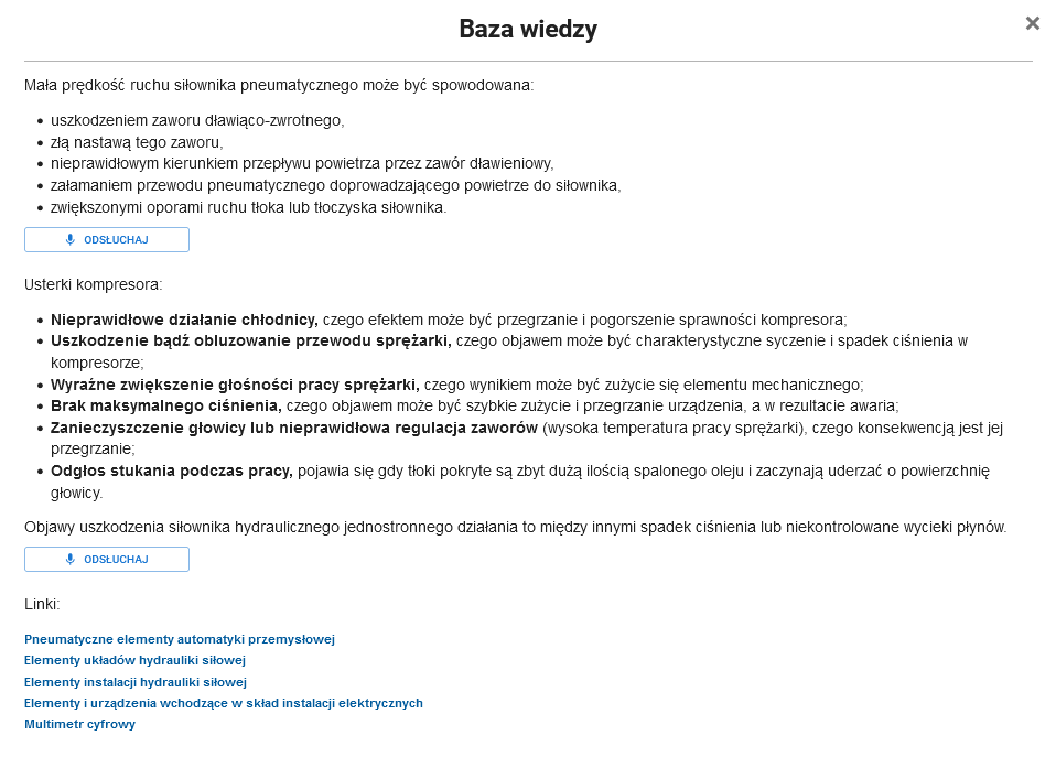 Grafika przedstawia widok okna Bazy wiedzy programu. Na planszy widoczny jest tekst oraz przyciski do odsłuchania treści.