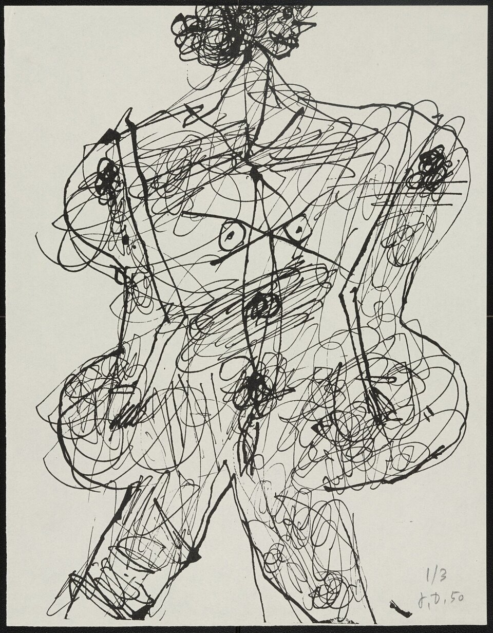 Ilustracja przedstawia pracę Jeana Dubuffeta pod tytułem „Ciało kobiety”. Obraz jest narysowany falistymi , nierównymi liniami. Rysunek został wykonany w stylu art‑brut i jest portretem nieznanej z imienia i nazwiska kobiety. Sportretowana kobieta ma mocno zdeformowane ciało, jedynie część nad czołem jest ucięta przez krawędź. Ciało kobiety jest nagie, widoczne są włosy pod pachami, piersi z sutkami oraz owłosione łono.
