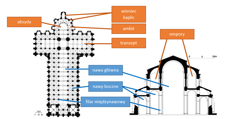 
Ilustracja przedstawia plan i przekrój Kościoła Saint‑Sernin (Świętego Saturnina) w Tuluzie, Francja, 1095‑1135;
na planie zaznaczono takie elementy jak: nawa główna, nawy boczne, filar międzynawowy, absyda, wieniec kaplic, ambit i transept. Na przekroju zaznaczono empory.