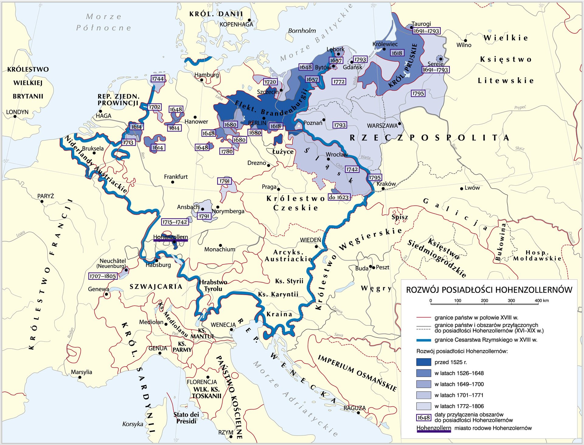 Grafika mapy przedstawiającej rozwój posiadłości Hohenzollernów.