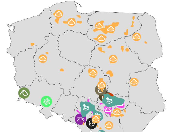 Grafika przedstawia przykładową część mapy warstwowej. Oznaczono na niej występowanie różnych surowców na terenie Polski.