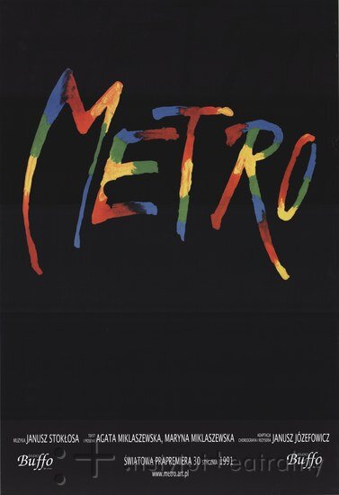 Zdjęcie przedstawia okładkę płyty musicalu "Metro" . Na czarnym tle przypominającym ciemności tunelu metra wyłania się różnokolorowy napis "Metro".