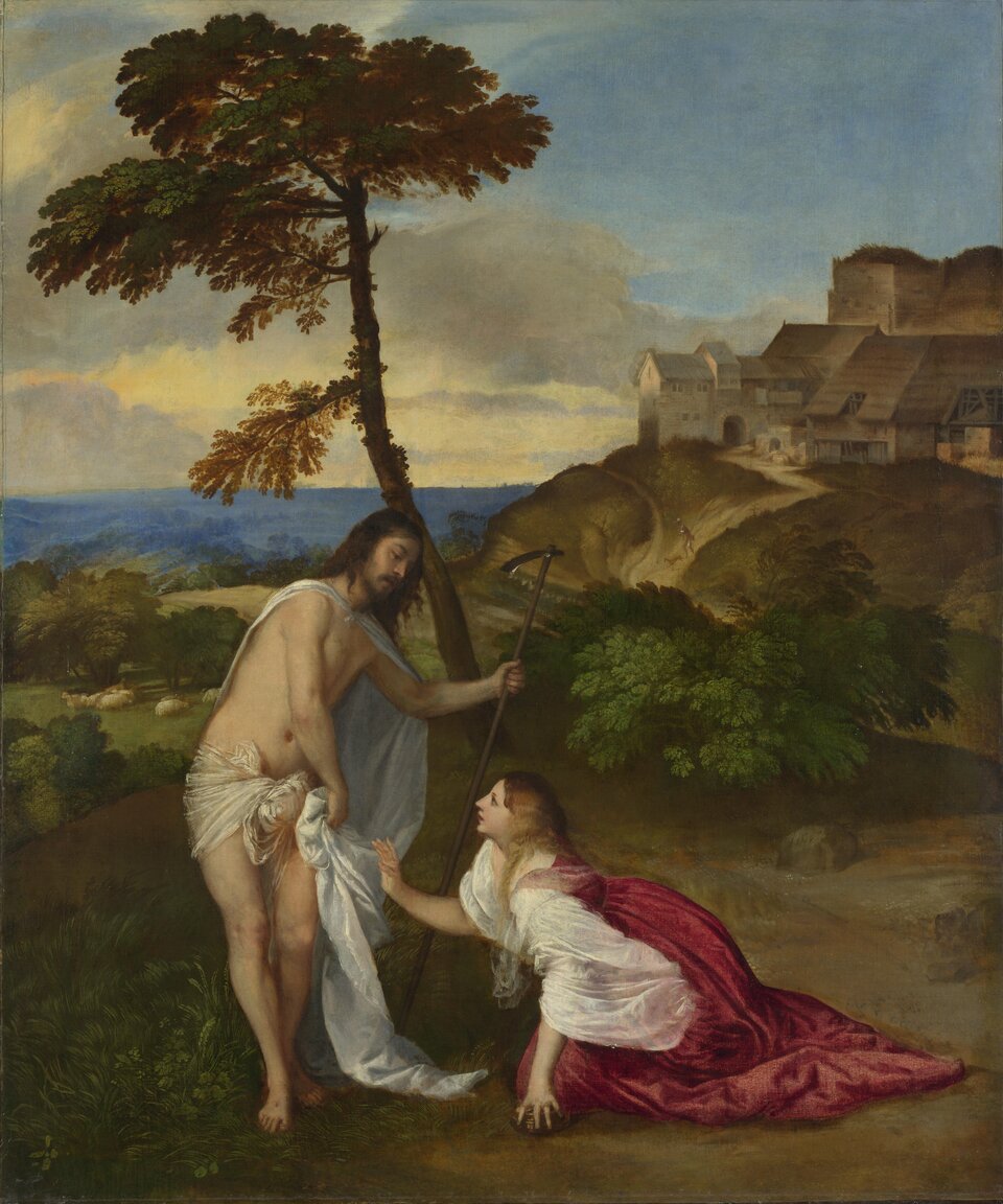 Ilustracja przedstawia obraz Tycjana „Noli me tangere" (Nie dotykaj mnie). Scena spotkania Chrystusa z Marią Magdaleną rozgrywa się na tle pejzażu. Kobieta pada na kolana i jedną ręką próbuje dotknąć stojącego  mężczyznę. Chrystus jedną ręką podtrzymuje całun, którym jest niedbale okryty, w drugiej - trzyma motykę, symbolizującą ogrodnika, za którego wzięła Chrystusa Maria Magdalena, nie rozpoznając go na początku spotkania. W tle znajdują się zabudowania na skale oraz morze i niebo z chmurami. Tuż za plecami mężczyzny znajduje się wysokie drzewo.
