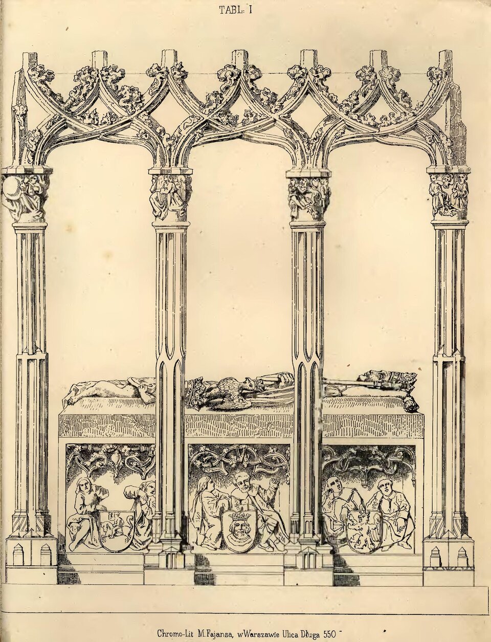 Grafika przedstawia części nagrobka takie jak sarkofag i baldachim.