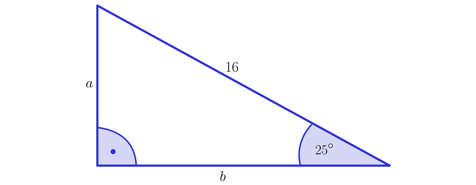 Ilustracja przedstawia trójkąt prostokątny o pionowej przyprostokątnej a, poziomej przyprostokątnej b i przeciwprostokątnej o długości równej szesnaście. Kąty wewnętrzne trójkąta: między bokami a i b zaznaczono kąt prosty, między bokami b i 16 znajduje się kąt o mierze 25 stopni.