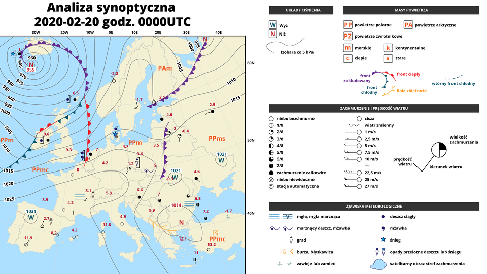 Ilustracja przedstawia mapę synoptyczną z 20 lutego 2020 roku. Mapa dotyczy Europy. Na mapie zaznaczono między innymi fronty - ciepły, zokludowany, chłodny, temperaturę w poszczególnych miejscach, ciśnienie, wielkość zachmurzenia. Obok mapy jest rozbudowana legenda z oznaczeniami dotyczącymi układów ciśnienia, mas powietrza, zachmurzenia i prędkości wiatru, zjawisk meteorologicznych typu mgła, grad, deszcze ciągły, mżawka, śnieg i inne.    