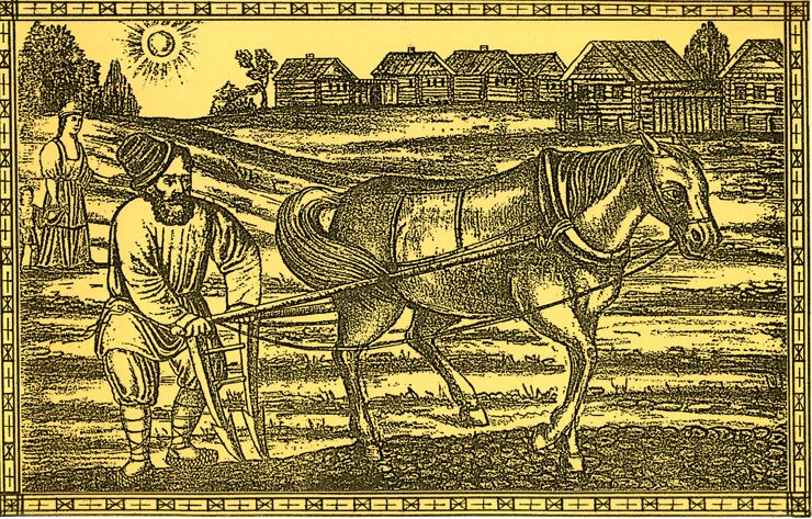Ilustracja przedstawia mężczyznę orającego ziemię przy użyciu ówczesnego urządzenia rolniczego - sochy, którą ciągnie koń. W niewielkiej odległości stoi kobieta z małym dzieckiem. W oddali widać zabudowania wiejskie. 