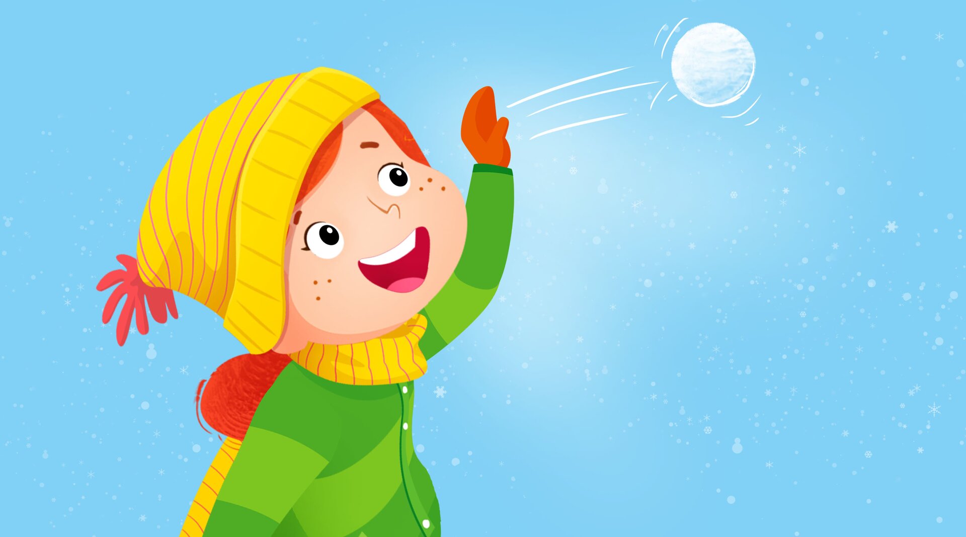 Na ilustracji znajduje się dziewczynka, która rzuca śnieżkami.