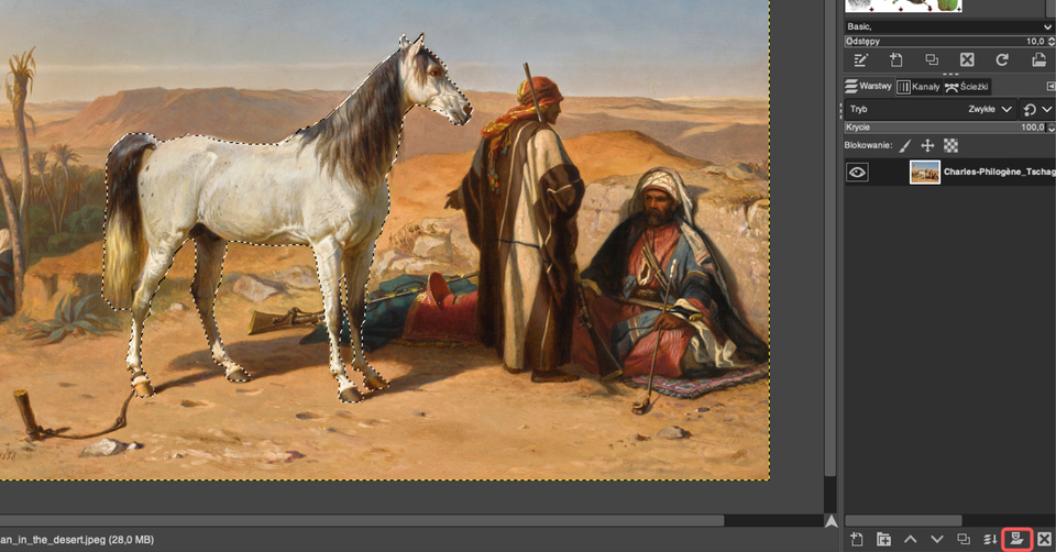 Grafika przedstawia wklejony do programu GIMP obraz z koniem i dwoma mężczyznami na pierwszym planie. Widoczne jest zaznaczenie zastosuj maskę. 