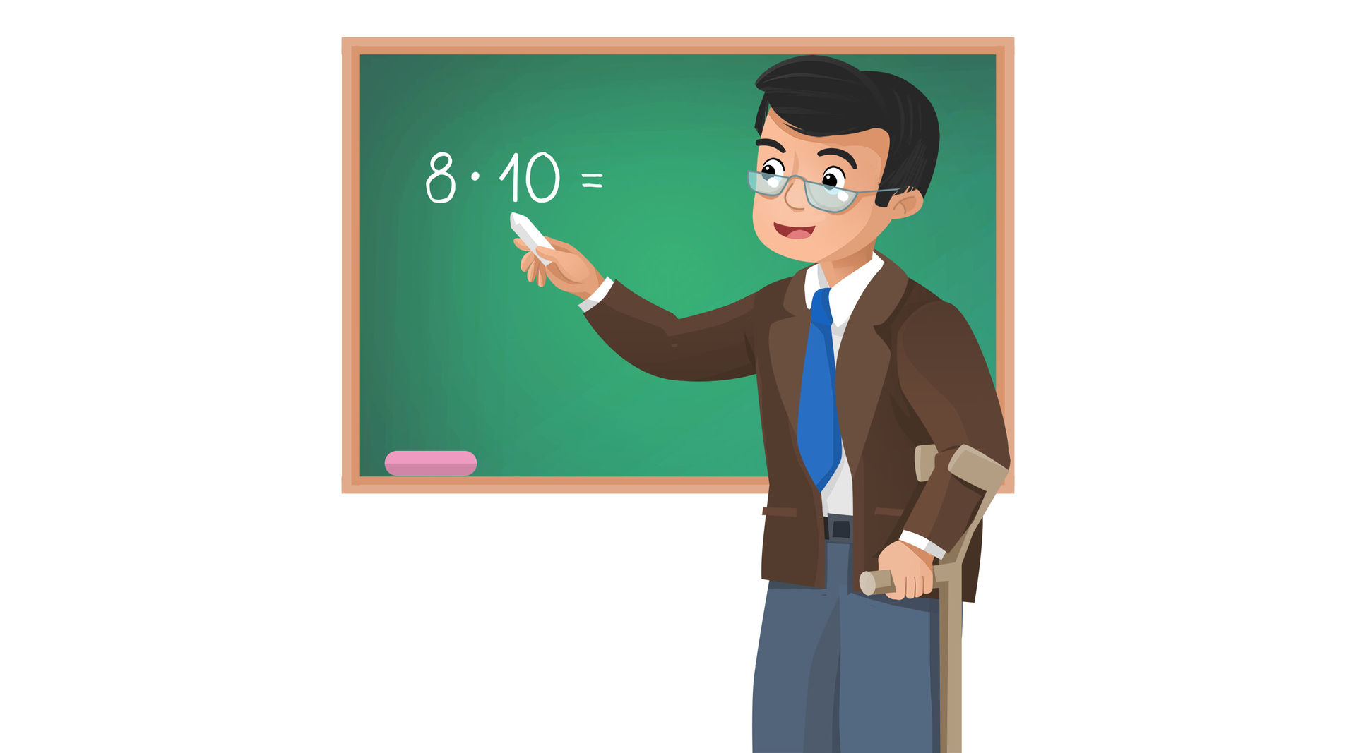 Ilustracja z mężczyzną chodzącym o kulach i pokazującym zadanie matematyczne na tablicy.