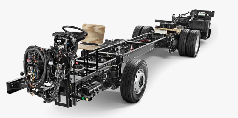 Grafika przedstawia ramę pojazdu, czyli całą elektronikę i obwody (wnętrze samochodu) z kołami.