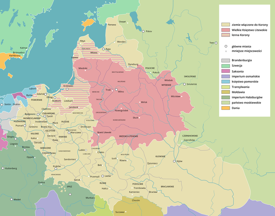 Na mapie oznaczono ziemie włączone do Korony : znaczna część Polski, Ukraina, Łotwa, Estonia. Wielkie Księstwo Litewskie: Białoruś, Litwa. Lenna Korony: Kaliningrad, Łotwa oraz nieznaczna część wybrzeża Polskiego. Główne miasta: Pskov, Ryga, Twer, Smoleńsk, Wilno, Kijów, Lwów, Spisz, Kraków, Breslau, Kuttenderg, Wiedeń, Stettin, Malbork, Toruń, Bydgoszcz, Królewiec. Brandenburgia: niewielka część zachodniego Pomorza. Szwecja: Estonia oraz teren dzisiejszej Szkocji. Saksonia: wschodnie Niemcy, niewielki punkt wybrzeża Polski w zachodnio‑pomorskim. Imperium osmańskie: Rumunia, nieznaczna część Węgier. Księstwo Pomorskie: znaczna część zachodniego Pomorza. Transylwania: Węgry. Mołdawia: Rumunia zachodnia. Imperium Habsburgów: Słowacja, znaczna część Polski. Państwo moskiewskie: obecna część Rosji. Dania: wyspa Estonii Saaremaa, południe Szkocji. 