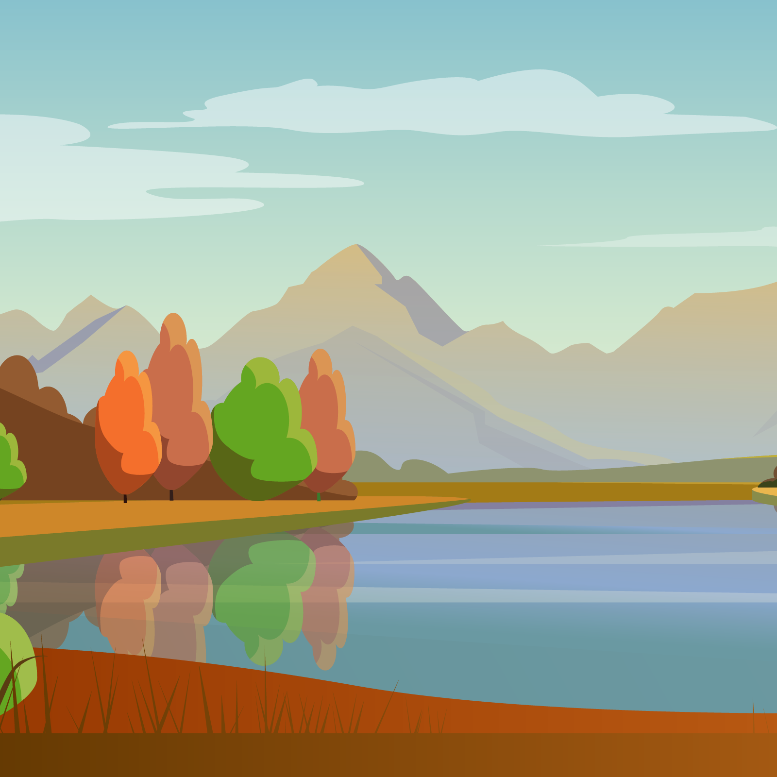 Ilustracja przedstawia krajobraz górski, w którym znajduje się jezioro. Trawa przy jeziorze ma kolor pomarańczowy. Drzewa rosnące przy jeziorze, mają kolorystykę zieleni i pomarańczy, sugerując, że trwa okres jesieni.