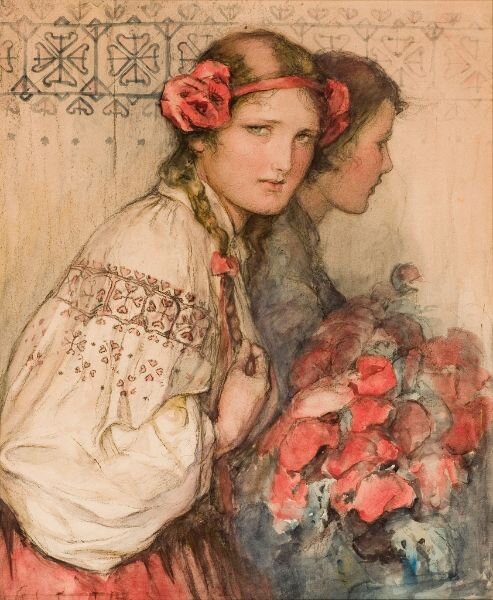 Obraz przedstawia dwie młode kobiety w ludowych strojach. Jedna z nich ma wplecione we włosy kwiaty. Trzyma w dłoniach bukiet kwiatów.