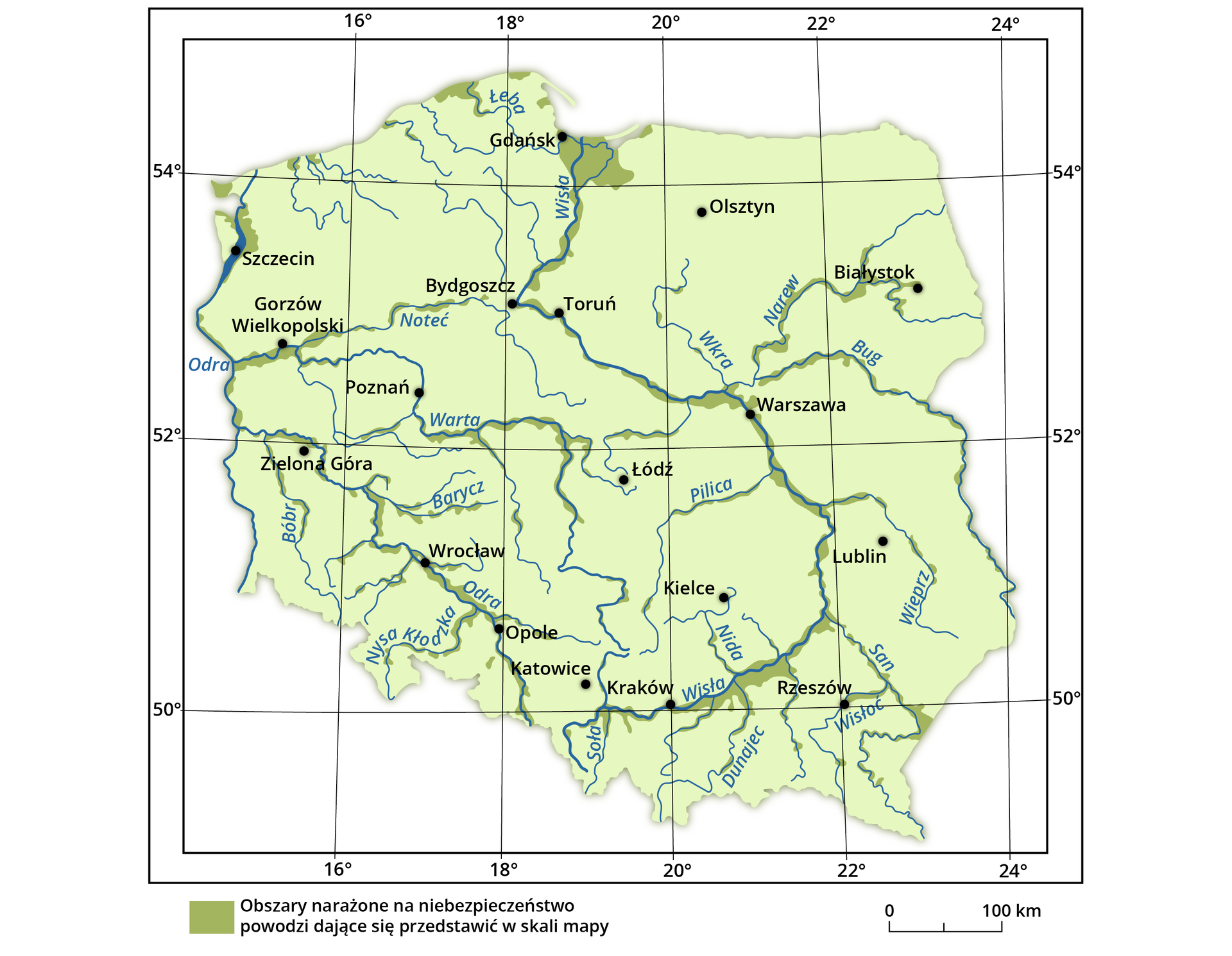 Mapa przedstawiająca obszary narażone na niebezpieczeństwo powodzi dające się przedstawić w skali mapy - oznaczone kolorem żółtym. Na mapie opisano równoleżniki i południki co dwa stopnie, zaznaczono również kolorem niebieskim główne rzeki Polski. Największe niebezpieczeństwo powodzi występuje wzdłuż koryt rzek: Odry, Wisły, Noteci, Warty, Narwii, Sanu oraz na Żuławach Wiślanych.