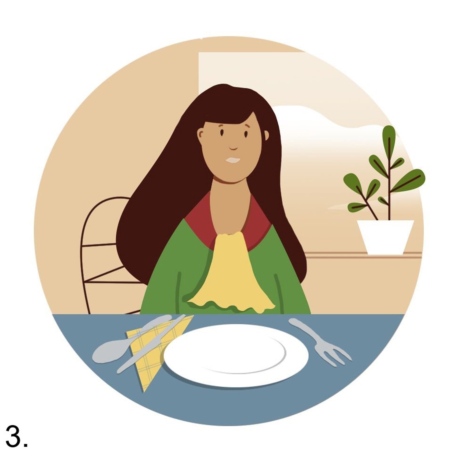 Rysunek przedstawia młodą kobietę siedzącą przy stole. Przed kobietą stoi talerz i leżą sztućce oraz serwetka. Kobieta trzyma dłonie pod stołem. Pod szyją ma założoną serwetkę.