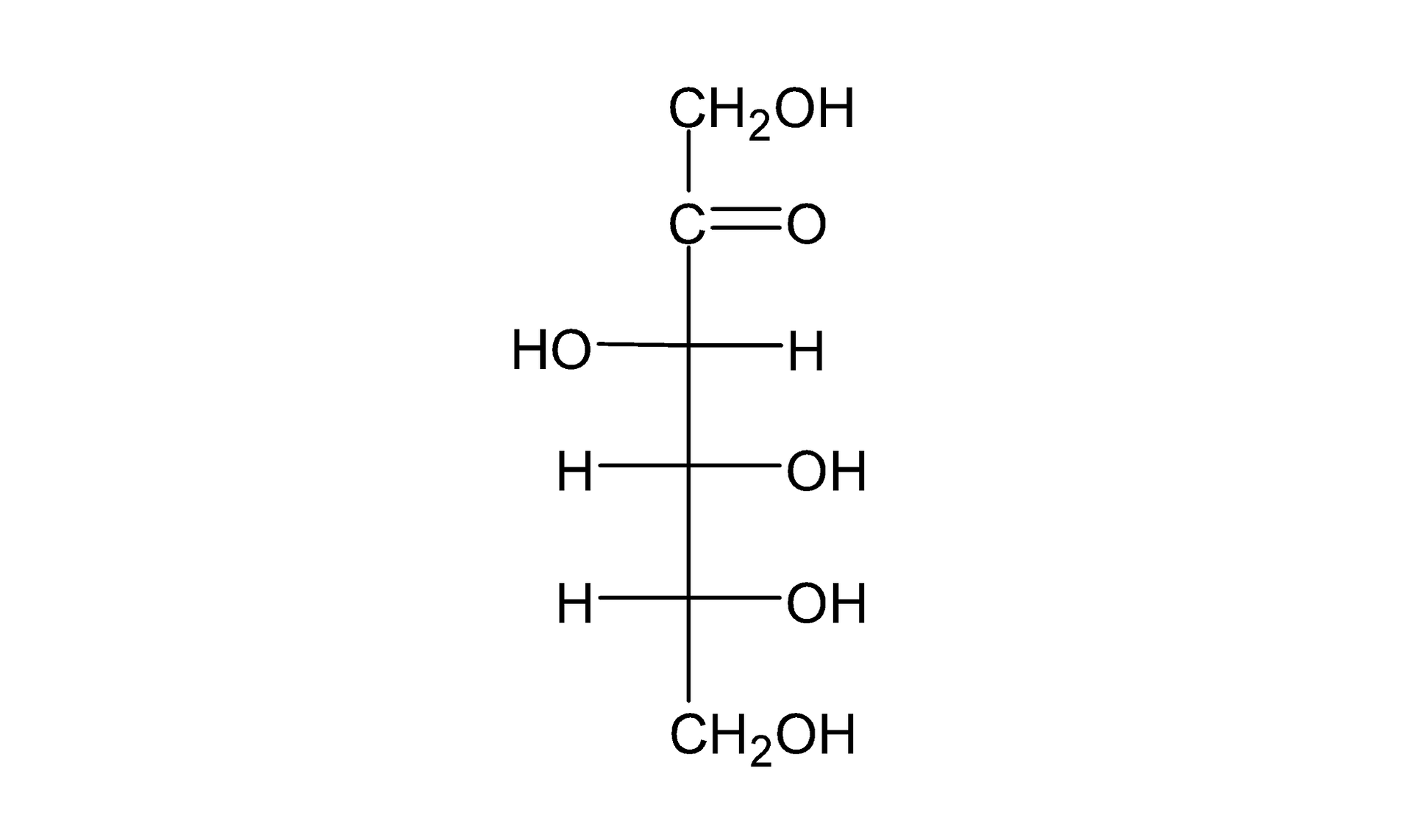 Na ilustracji jest wzór w projekcji Fischera. Łańcuch główny tworzy sześć atomów węgla. Pierwszy i ostatni atom węgla - każdy z nich - wchodzi w skład grupy C H 2 O H . Drugi atom węgla po prawej stronie łączy się wiązaniem podwójnym z atomem tlenu. Trzeci atom węgla po lewej stronie łączy się z grupą OH, po prawej z atomem wodoru. Czwarty i piąty atom węgla - każdy z nich - łączy się po lewej stronie z atomem wodoru, a po prawej z grupą OH.