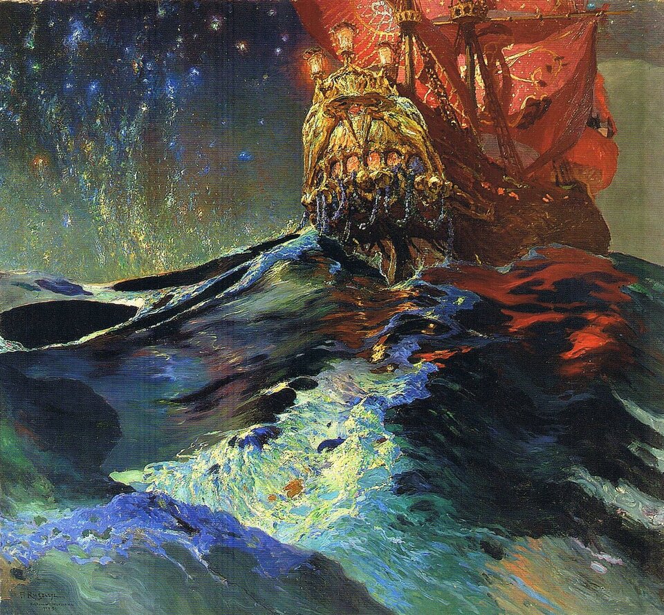 Obraz przedstawiający drewniany żaglowiec płynący pośrodku wzburzonego morza. Jest to galeon bogato zdobiony złotem. Na rufie umieszczono trzy latarnie. Ogromne żagle są rozwinięte, ozdobione złotym wzorem. Tafla wody jest spieniona. Ukazano ogromne fale. W tle rozgwieżdżone niebo.