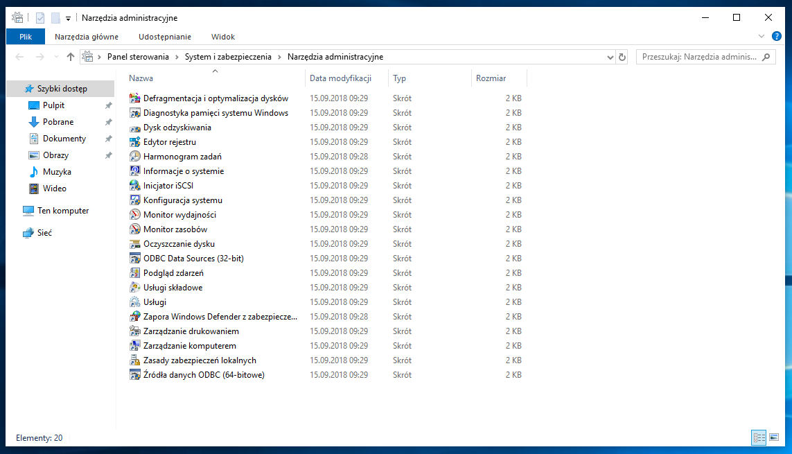 Zrzut ekranu przedstawia listę narzędzi w systemie Windows 10 Pro.  Znajdują się w niej:  Defragmentacja i optymalizacja dysków,  Diagnostyka pamięci systemu Windows,  Dysk odzyskiwania,  Edytor rejestru,  Harmonogram zadań,  Informacje o systemie,  Inicjator iSCSI,  Konfiguracja systemu,  Monitor wydajności,  Monitor zasobów,  Oczyszczanie dysku,  ODBC Data Sources (32-bit),  Podgląd zdarzeń,  Usługi składowe,  Usługi,  Zapora Windows Defender,  Zarządzanie drukowaniem,  Zarządzanie komputerem,  Zasady zabezpieczeń lokalnych,  Źródła danych ODBC (64-bitowe). 