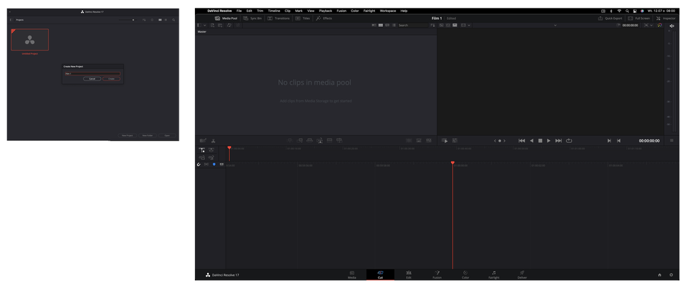 Ilustracja przedstawia otwarty program DaVinci Resolve. U góry znajduje się pasek zadań, na dole ścieżki do montażu, po lewej stronie okno zatytułowane Projects, a w centrum znajduje się pole, na którym znajduje się napis No clips in media pool. 