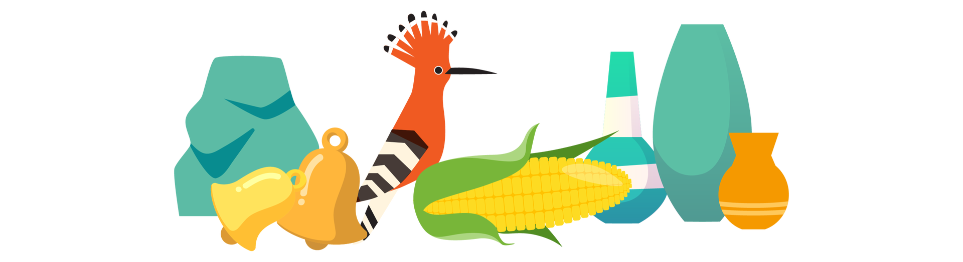 Ilustracja przedstawia kilka przedmiotów ułożonych blisko siebie. Po lewej stronie stoi turkusowy wazon o nietypowym kształcie. Przed nim leżą dwa złote dzwonki. Dalej na prawo siedzi dudek. Jest to pomarańczowy ptak o czarno‑białych skrzydłach oraz czubku na głowie. Obok niego leży kolba kukurydzy. Po prawej stronie ilustracji stoją trzy wazony. Pierwszy jest w białe i turkusowe pasy, drugi jest cały turkusowy, a trzeci pomarańczowy.