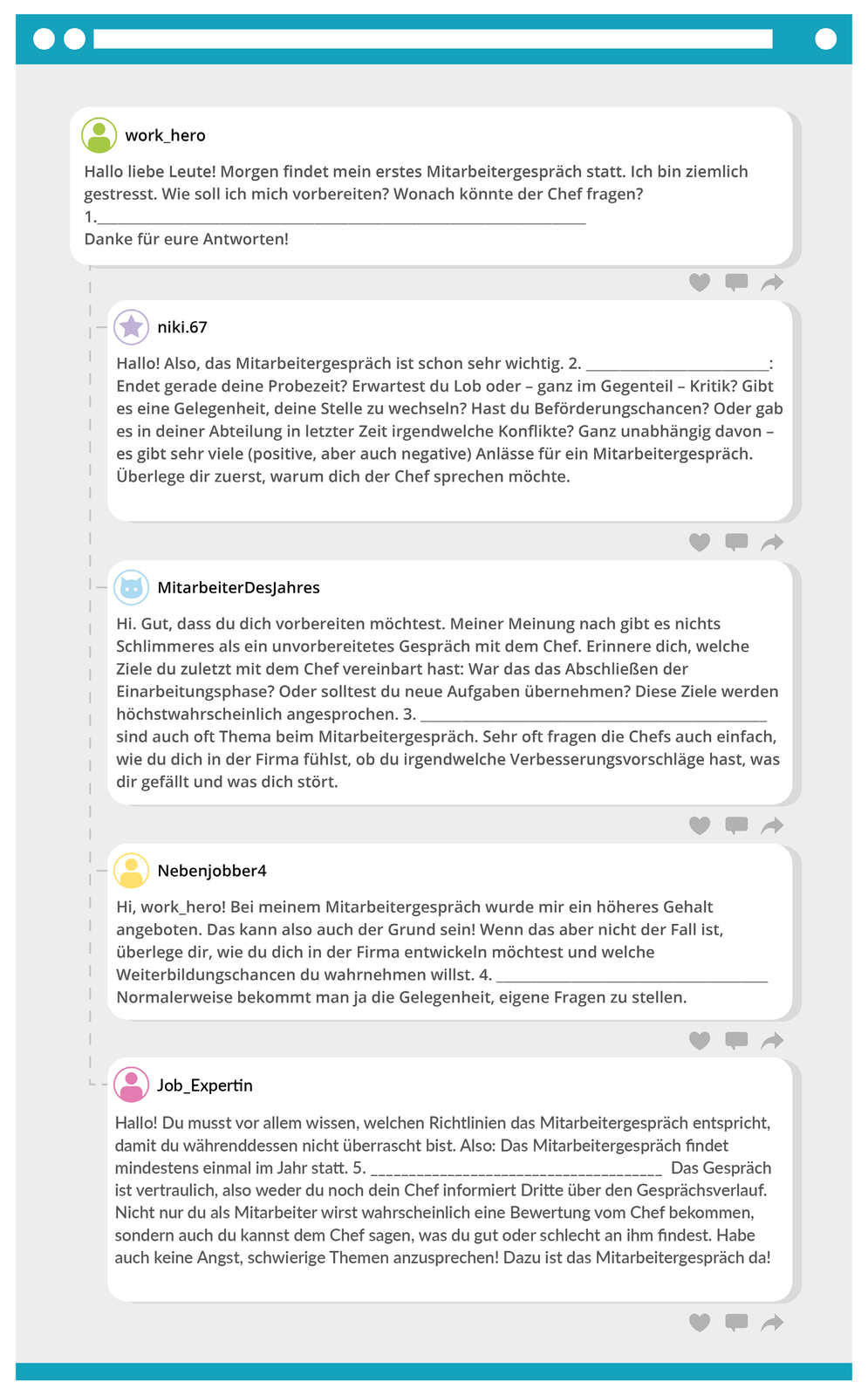 Ilustracja przedstawia wpisy na forum internetowym pięciu użytkowników, korzystających z następujących pseudonimów: work_hero, niki.67, MitarbeiterDesJahres, Nebenjobber4, Job_Expertin. Treść dostępna w transkrypcji poniżej.