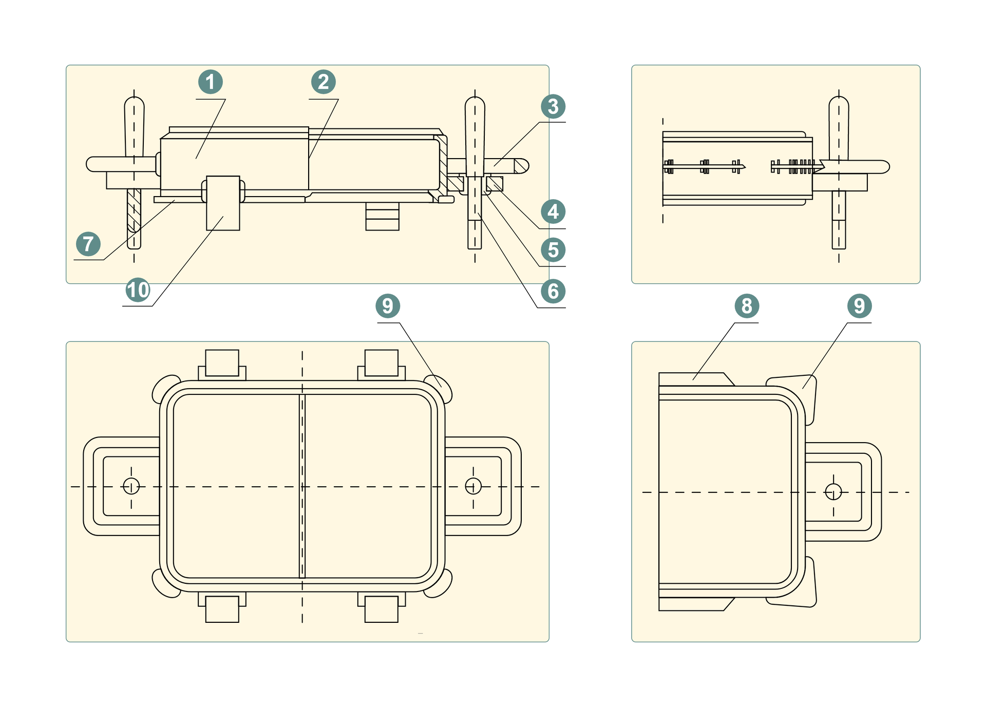 Na ilustracji przedstawiona jest budowa skrzynki formierskiej w czterech rysunkach. Jako pierwszy znajduję się rysunek przedstawiajacy skrzynię formierską od boku. Pod spodem natomiast rysunek przedstawiający widok skrzynki formierskiej od góry. Po bokach tych rysunków znajdują się połowy rysunków w lekkim powiększeniu i przedstawiające więcej elementów.
Na pierwszym rysunku przedstawiony jest pół widok‑pół przekrój z boku skrzynki formierskiej. Boki skrzynki mają kształt prostokąta, a wewnątrz znajdują się żebra wewnętrzne. Skrzynka położona jest na występie. Po dłuższych bokach skrzynki od zewnątrz znajdują żebra zewnętrze usztywniające skrzynkę. Po obu stronach skrzynki znajdują się elementy do transportu skrzynki do których od dołu zamocowane są uszy skrzynki. W otworze ustalającym wewnątrz uszu skrzynki znajduje się tuleja przez którą przechodzi sworzeń ustalający.
Na obrazku znajdującym się poniżej widoczna jest skrzynka przedstawiona od góry. Ma ona kształt prostokąta. Po krótszych bokach widoczne są uszy skrzynki wraz z elementami transportu. Przy dłuższym boku widoczne są po dwa żebra zewnętrzne usztywniające skrzynkę. Po prawej stronie na ilustracji gdzie widnieje połowa skrzynki widoczne są dodatkowo po bokach zaciski krzyżowe oraz na rogach twory do odpowietrzania formy.