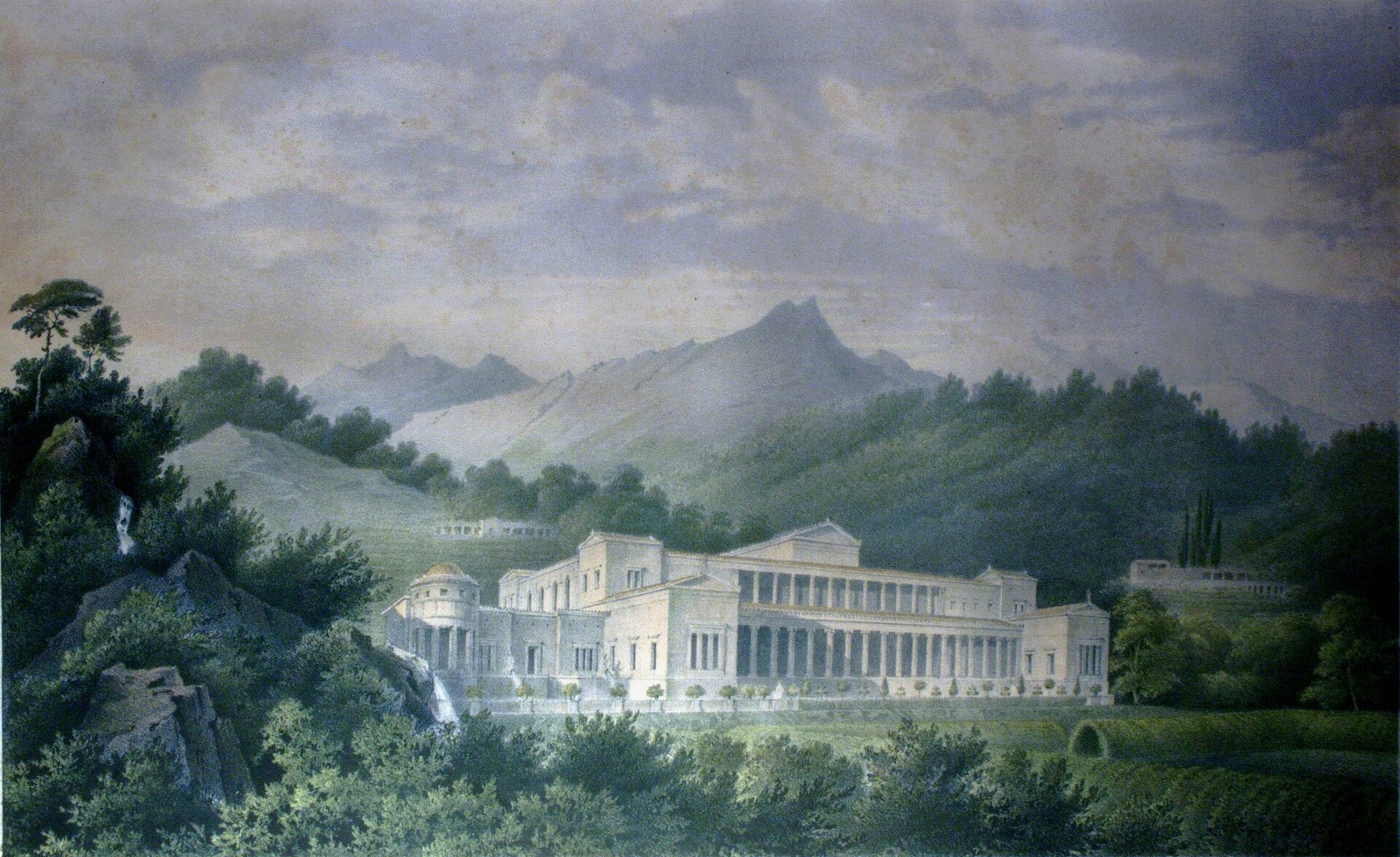 Ilustracja przedstawia obraz Karla Friedricha Schinkela pod tytułem „Rekonstrukcja willi Pliniusza w Tuscis”. Na obrazie znajduje się willi Pliniusza. Jest to duży budynek z dwoma rzędami kolumn jedne nad drugimi. Obok niego znajdują się mniejsze budowle. Za willą rozciąga się krajobraz gór. Dookoła znajdują się liczne drzewa oraz krzewy.