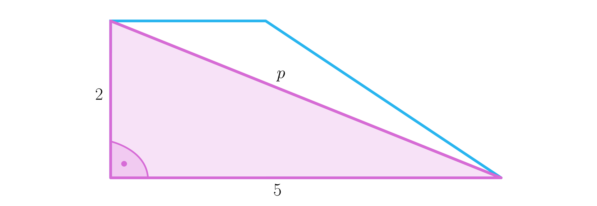 Ilustracja przedstawia trapez prostokątny. W trapezie zaznaczono jego dłuższą przekątną i podpisano ją literą p. Przekątna wraz z dolną podstawą i pionowym ramieniem tworzą trójkąt prostokątny. Dolna podstawa ma długość pięciu, a pionowe ramię ma długość dwa.
