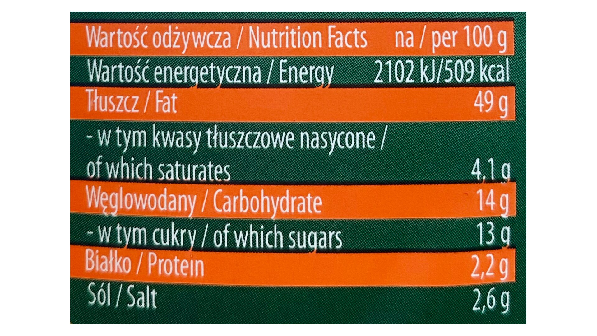 Grafika przedstawia przykładową etykietę z wartościami odżywczymi. Widoczna jest przykładowa prostokątna etykieta, podzielona na pasy pomarańczowe i zielone, w których znajdują się napisy z białych liter, w języku polskim i angielskim. Od góry podana jest wartość odżywcza na 100 g, wartość energetyczna w kcal – 509 kcal; tłuszcz – 49 g, w tym kwasy tłuszczowe nasycone – 4,1 g; węglowodany – 14 g, w tym cukry – 13 g; białko – 2,2 g; sól – 2,6 g.